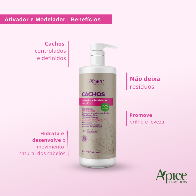 Ativador e Modelador Anti-Frizz Cachos 1000 ml - No Poo / Low Poo - Ação Condicionante